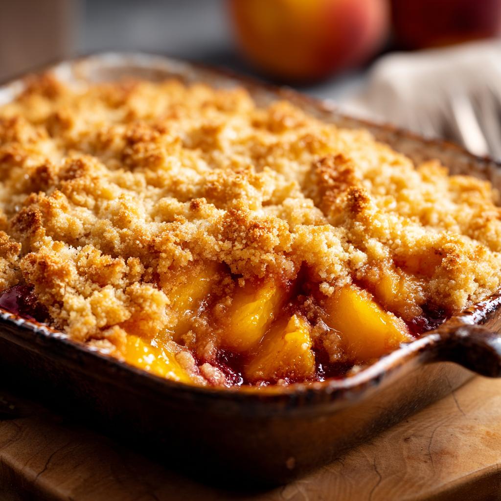 Close-up of a golden brown peach cobbler with a crumbly brown sugar topping, showing juicy peach slices underneath.