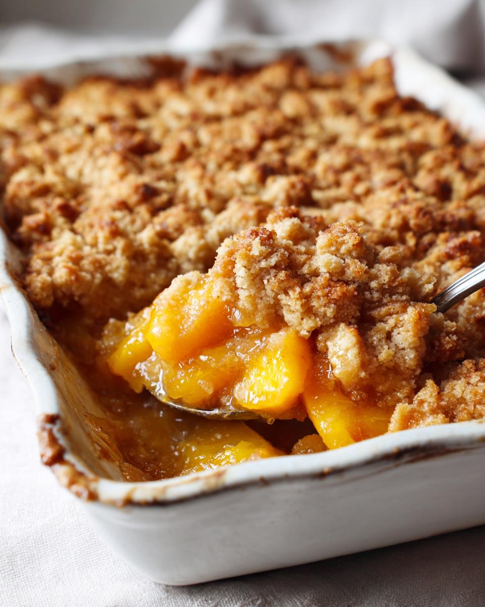 A spoonful of warm peach cobbler with brown sugar topping, showing juicy peaches and a crumbly crust.