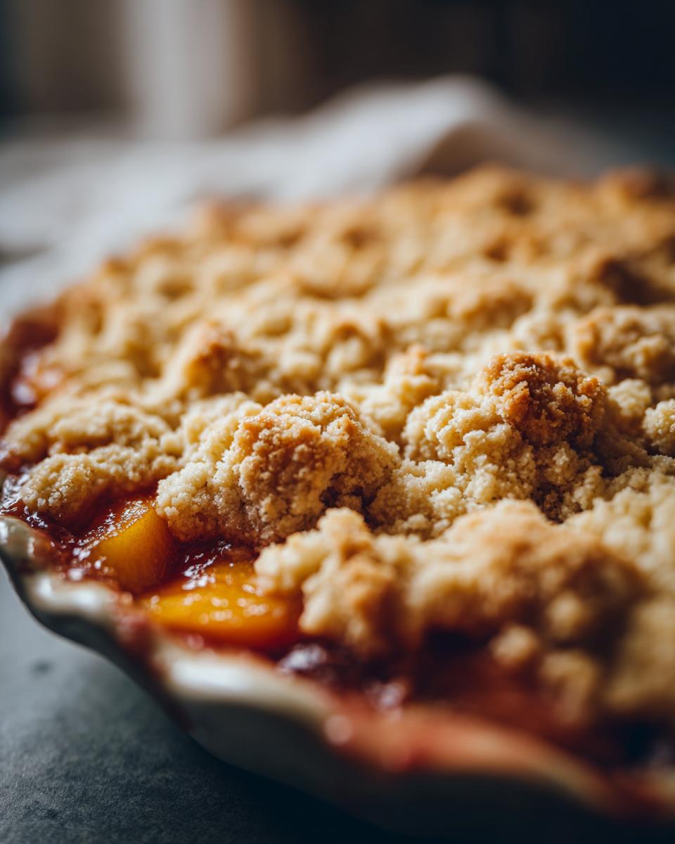 Close-up of a golden brown peach cobbler with a crumbly brown sugar topping, showcasing juicy peaches underneath.