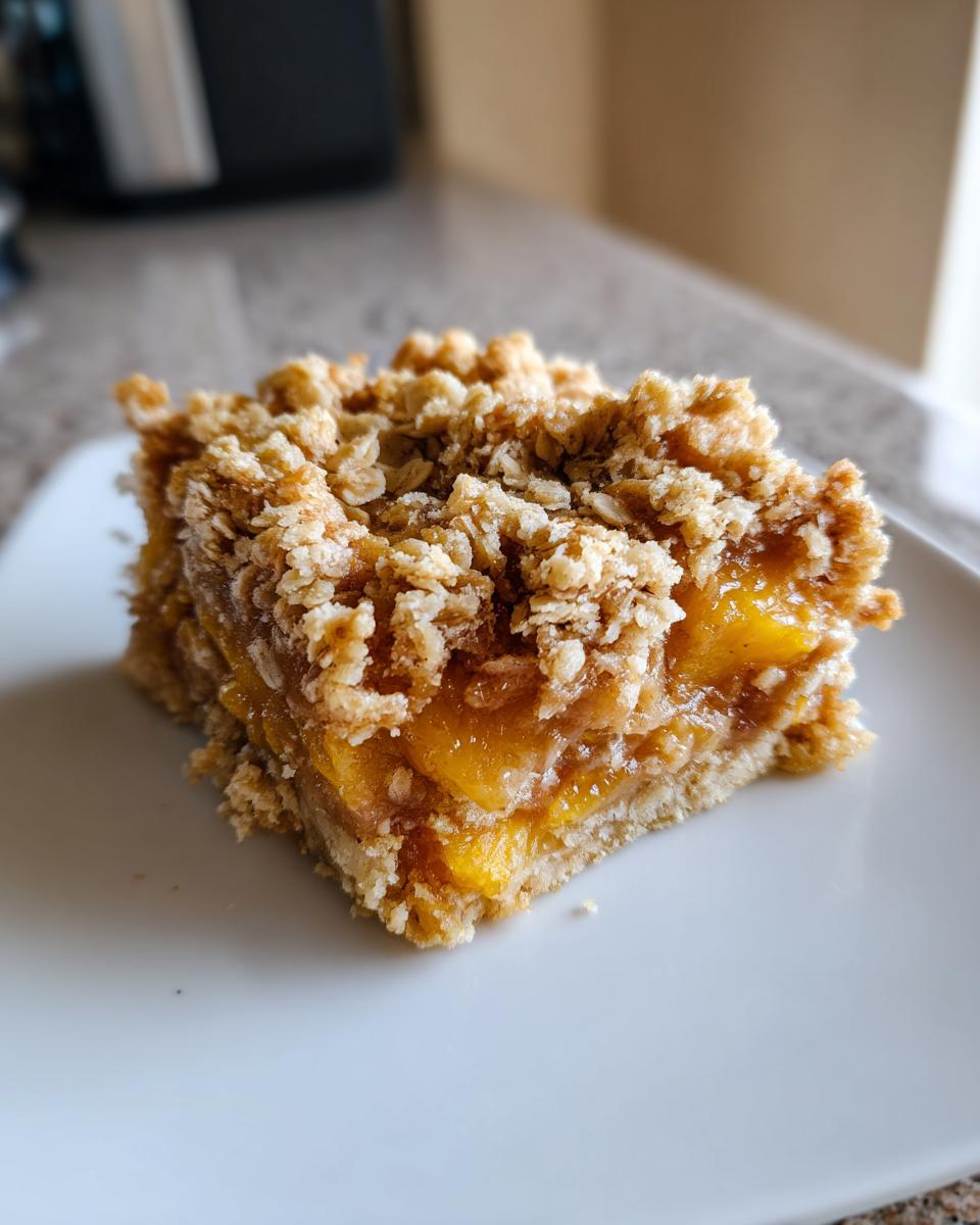 A close-up of a peach crumble bar with a thick layer of juicy peaches and a generous buttery oat topping.