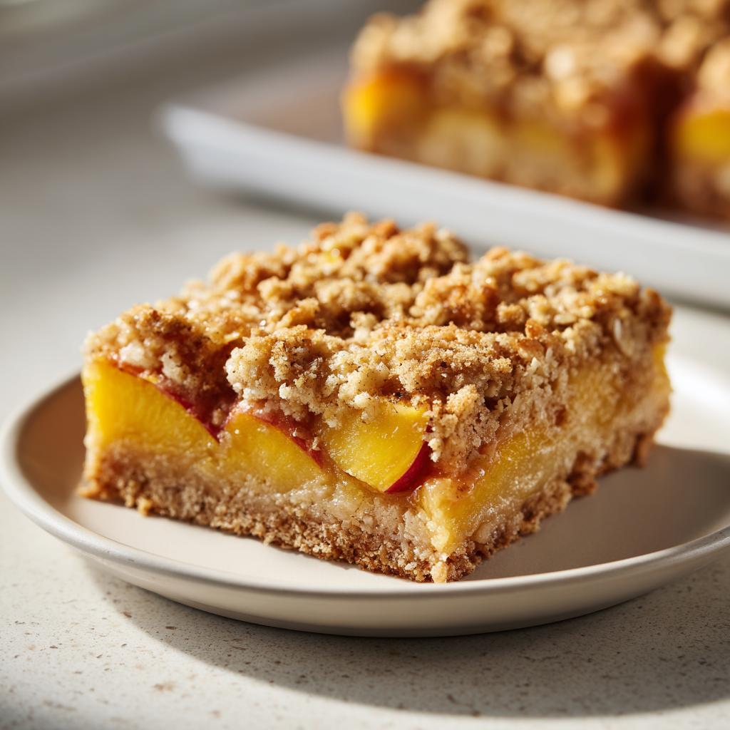 A close-up of a delicious peach crumble bar with a buttery oat topping and visible layers of fruit.