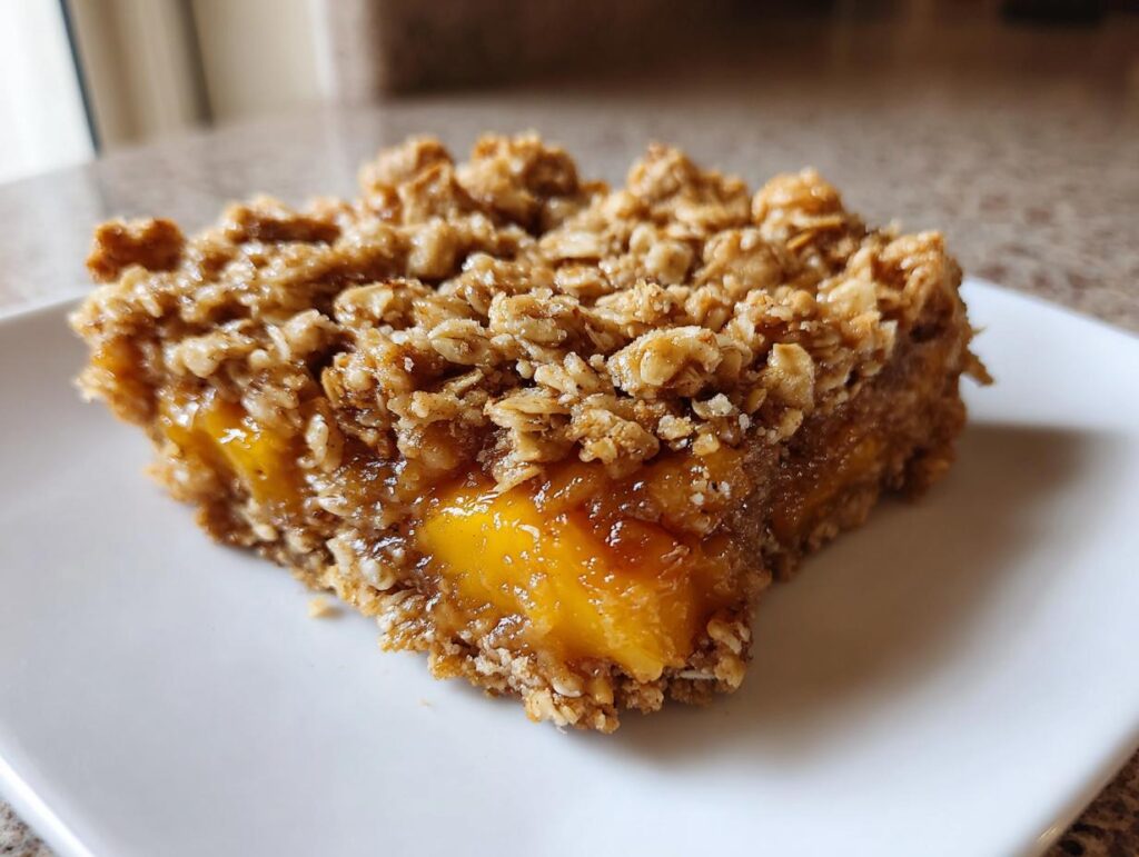 A slice of peach crumble bars with a buttery oat topping, showcasing the juicy peach filling.
