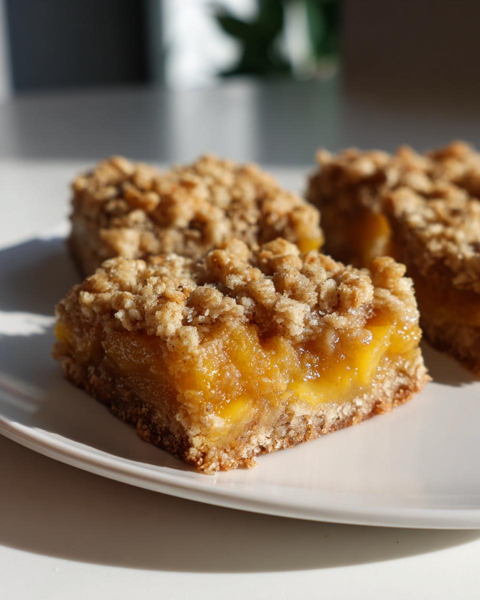 Close-up of a slice of peach crumble bars with a buttery oat topping on a white plate.