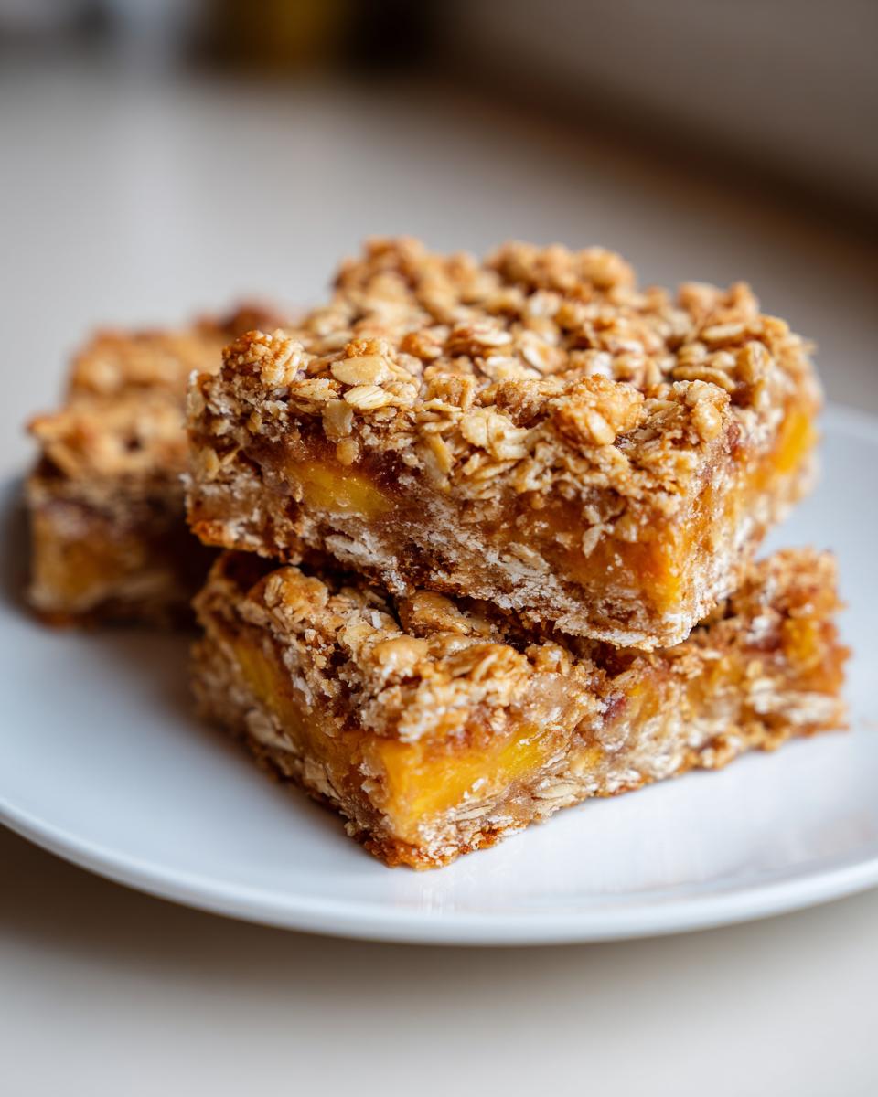 Close-up of stacked peach crumble bars with a buttery oat topping on a white plate.