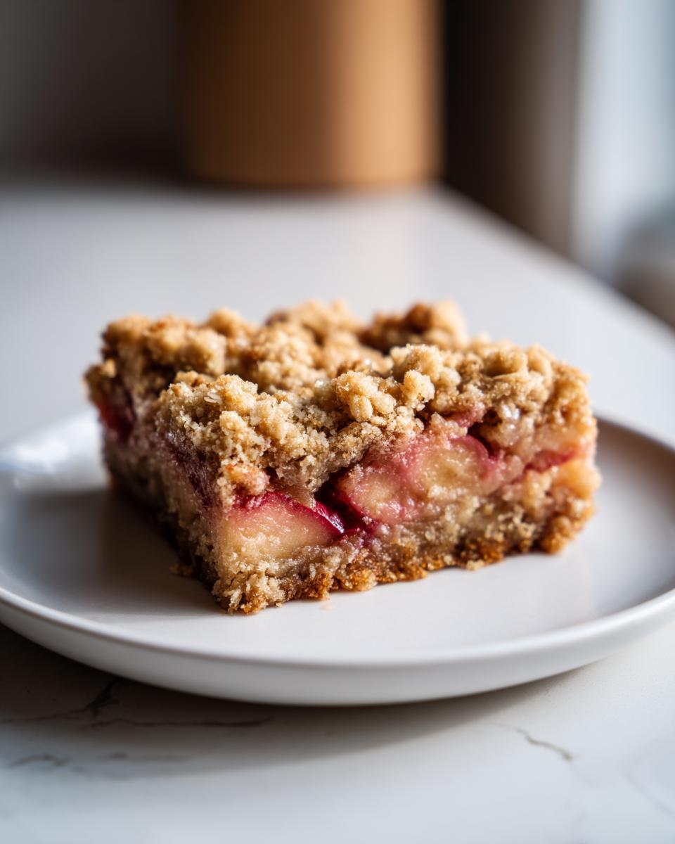 A slice of peach crumble bars with a thick, buttery oat topping and juicy peach filling.