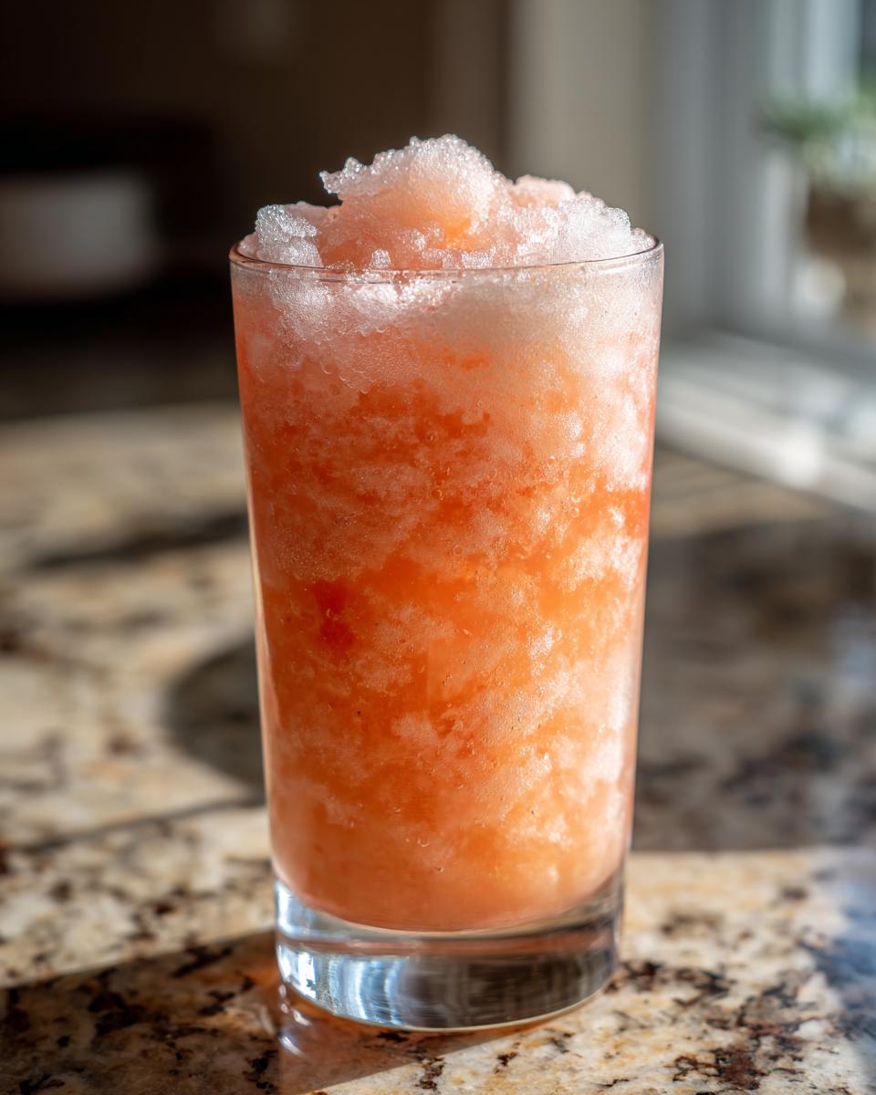 A tall glass filled with a frosty peach iced tea slush, perfect for hot afternoons.