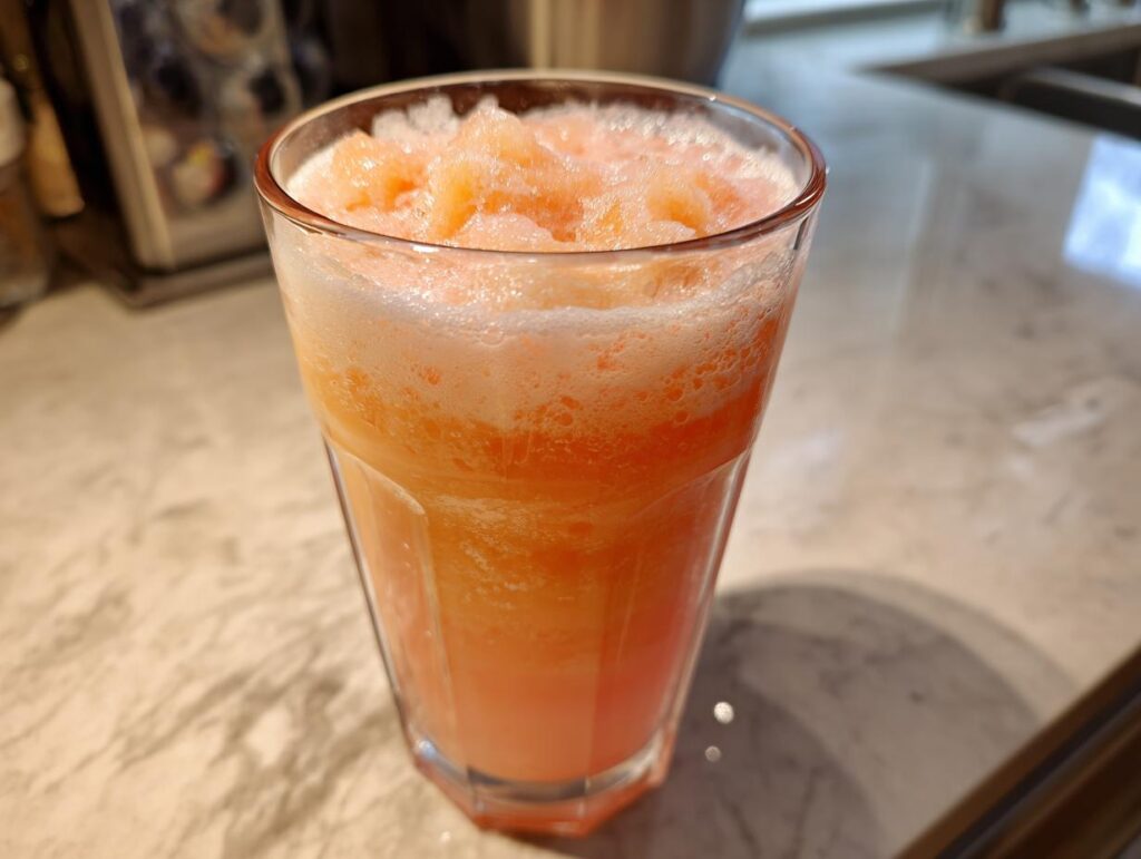 A refreshing glass of peach iced tea slush, perfect for hot afternoons.