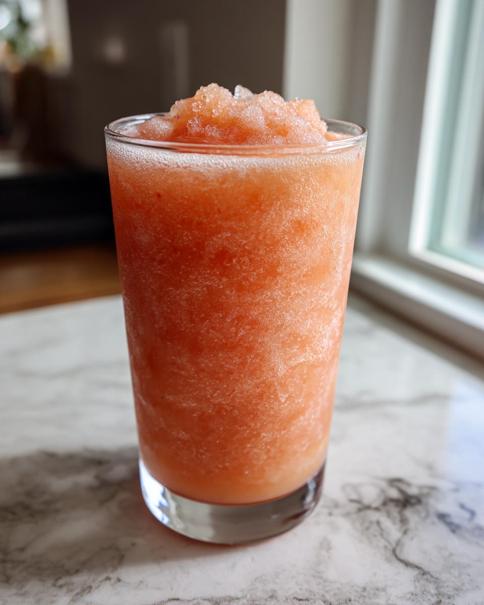 A tall glass filled with a frosty peach iced tea slush, perfect for hot afternoons.