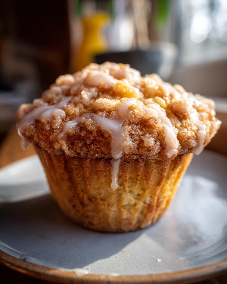 A close-up of a moist peach muffin topped with crumble and drizzled with vanilla glaze.