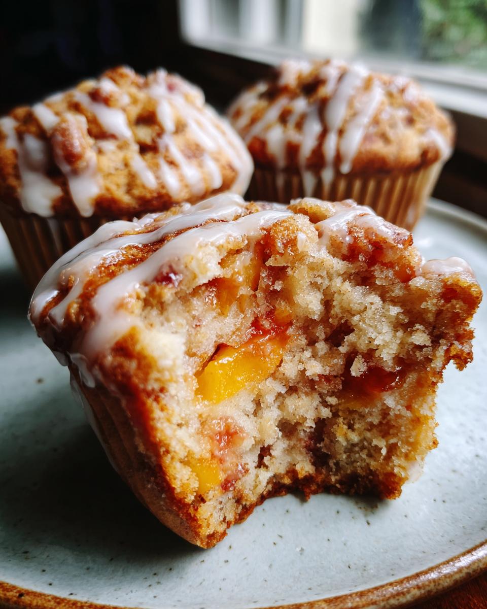 Close-up of a moist peach muffin with vanilla glaze, showing chunks of peach inside.