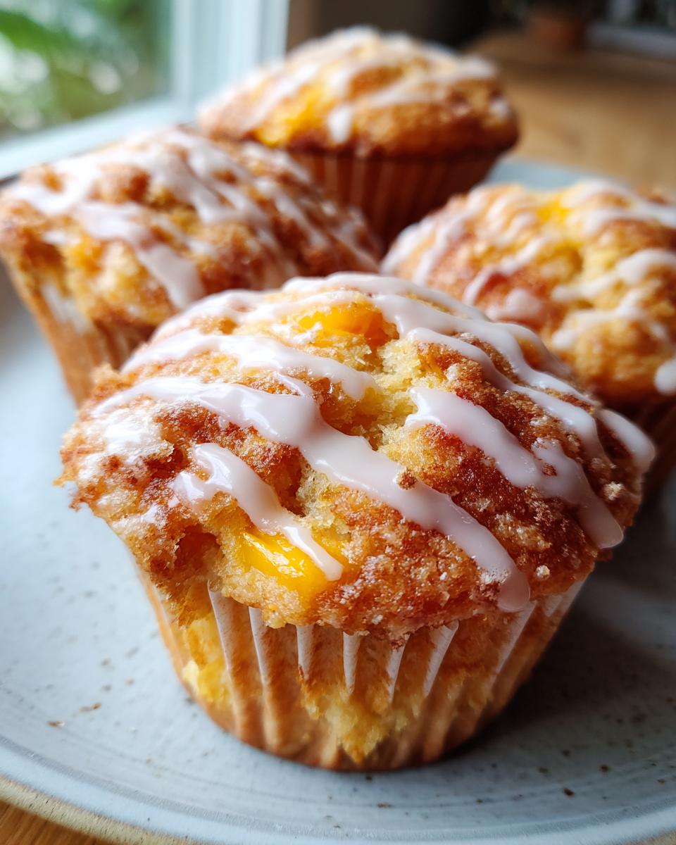 Close-up of four moist peach muffins topped with a vanilla glaze, showcasing chunks of peach.