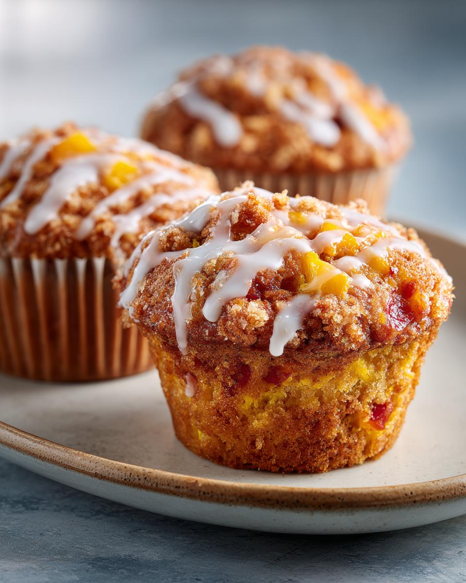 Close-up of moist peach muffins topped with streusel and a vanilla glaze, showcasing chunks of peach.