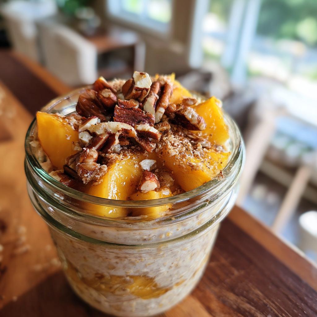 Close-up of overnight oats in a jar topped with fresh peach slices and chopped pecans.