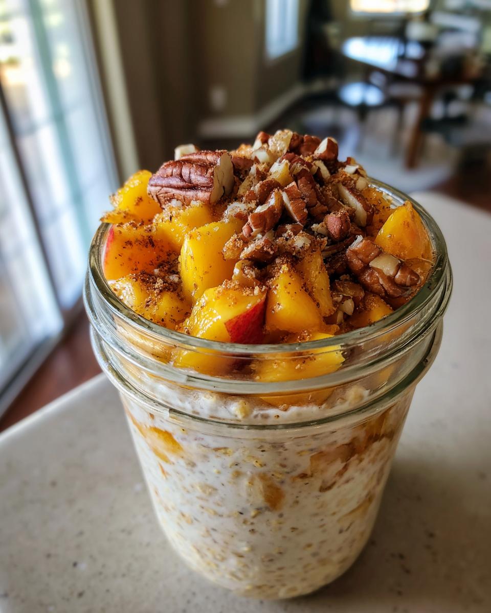 Overnight oats in a jar topped with diced peaches, pecans, and cinnamon, reminiscent of peach crisp.