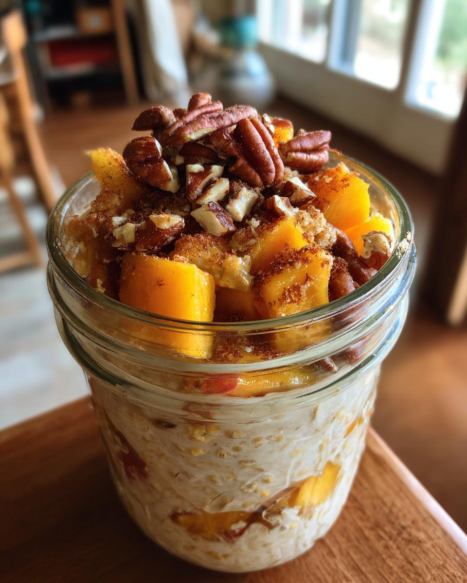 Close-up of peach overnight oats in a jar, topped with chopped pecans and cinnamon, showcasing layers of oats and peaches.