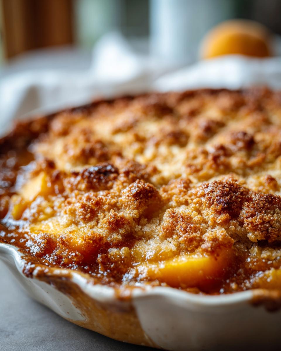 Close-up of a bubbling Peach Cobbler with a brown sugar crumble topping, perfect for summer dessert.