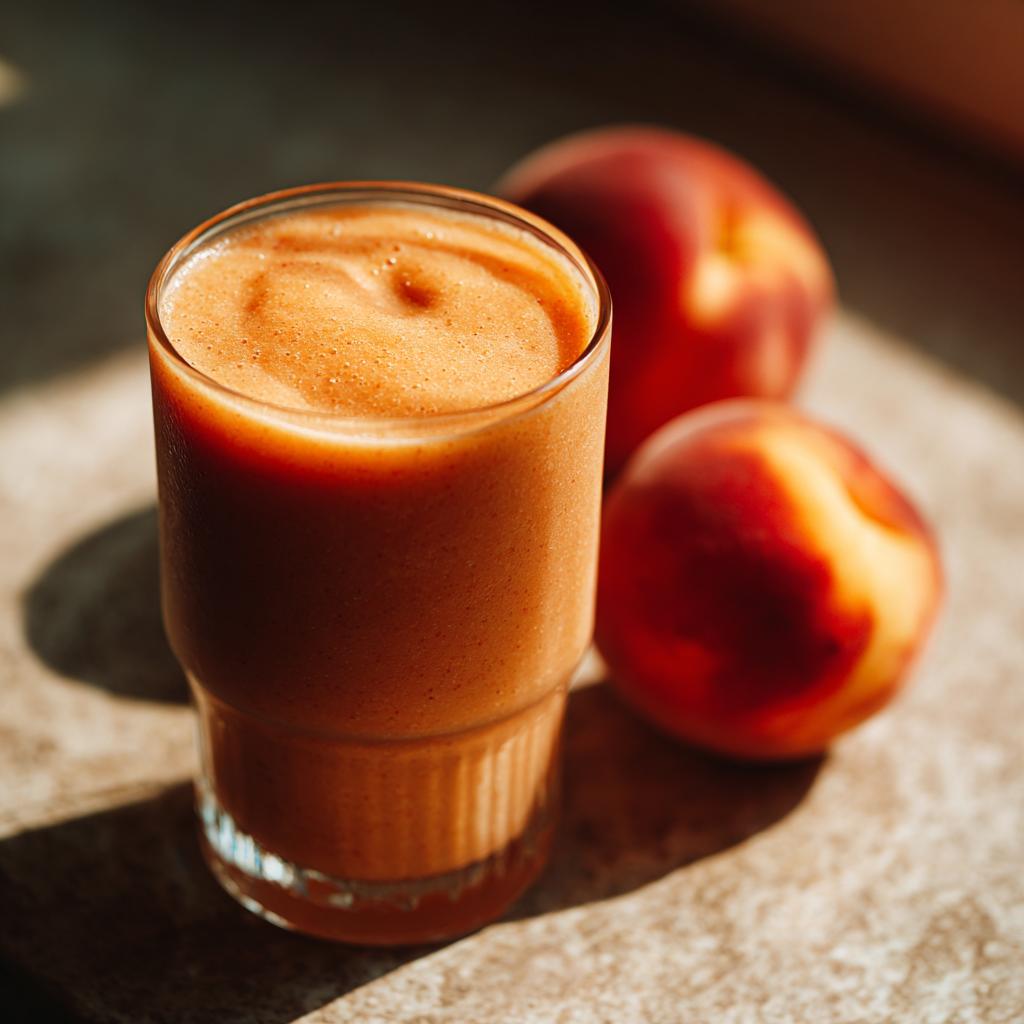 A refreshing peach smoothie in a glass, with two ripe peaches in the background. Perfect for peach recipes.