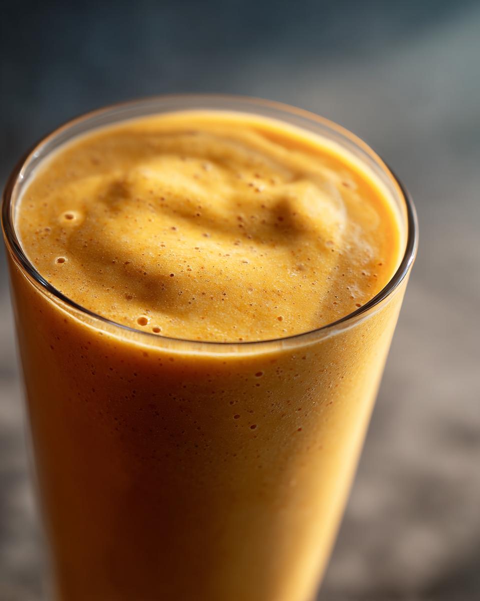 A close-up of a tall glass filled with a creamy, orange peach yogurt smoothie, perfect for peach recipes.