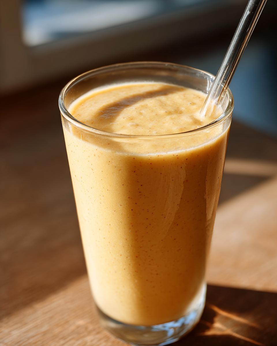 A tall glass filled with a creamy peach yogurt smoothie, with a glass straw inserted.