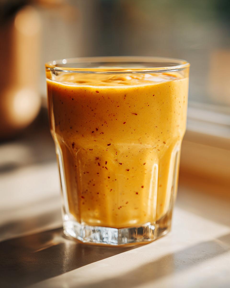 A close-up of a glass filled with a creamy, orange peach yogurt smoothie, with visible flecks of peach.