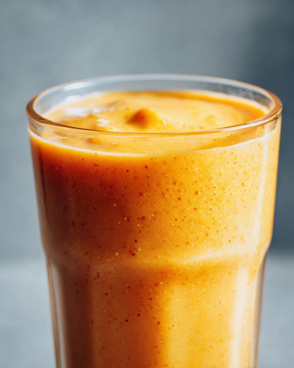 A close-up of a creamy peach yogurt smoothie in a glass, showcasing its vibrant orange color and frothy texture.