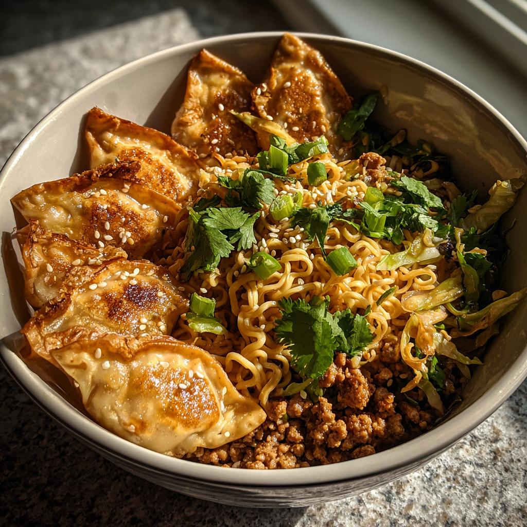 A close-up of a Potsticker Noodle Bowl with crispy potstickers, ramen noodles, ground pork, and cabbage slaw, garnished with green onions and sesame seeds.