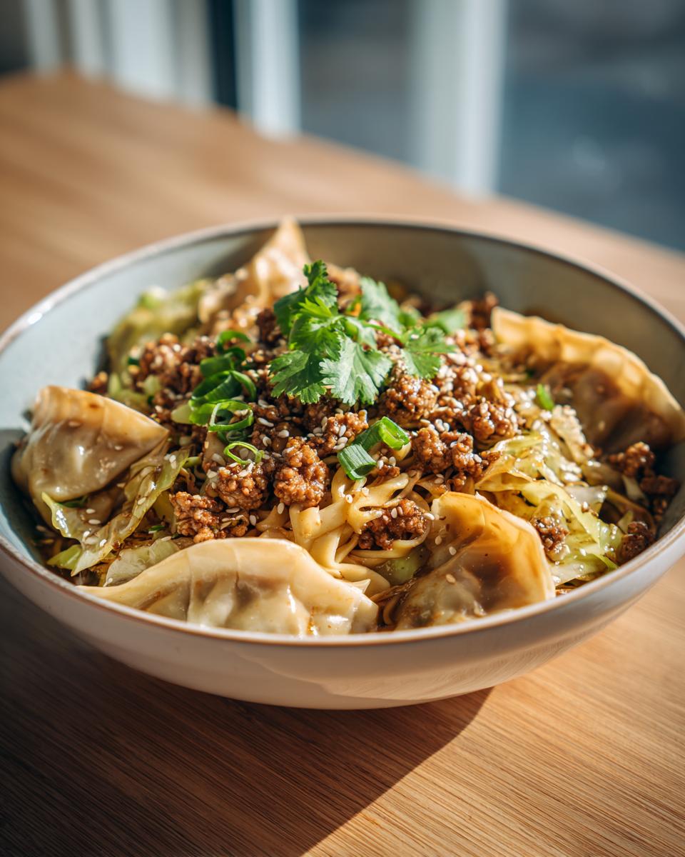 A close-up of a Potsticker Noodle Bowl with Pork & Cabbage Slaw, featuring dumplings, noodles, and savory pork.