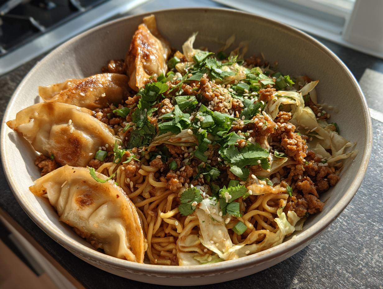 A close-up of a Potsticker Noodle Bowl with pork, cabbage slaw, noodles, and garnished with cilantro and sesame seeds.