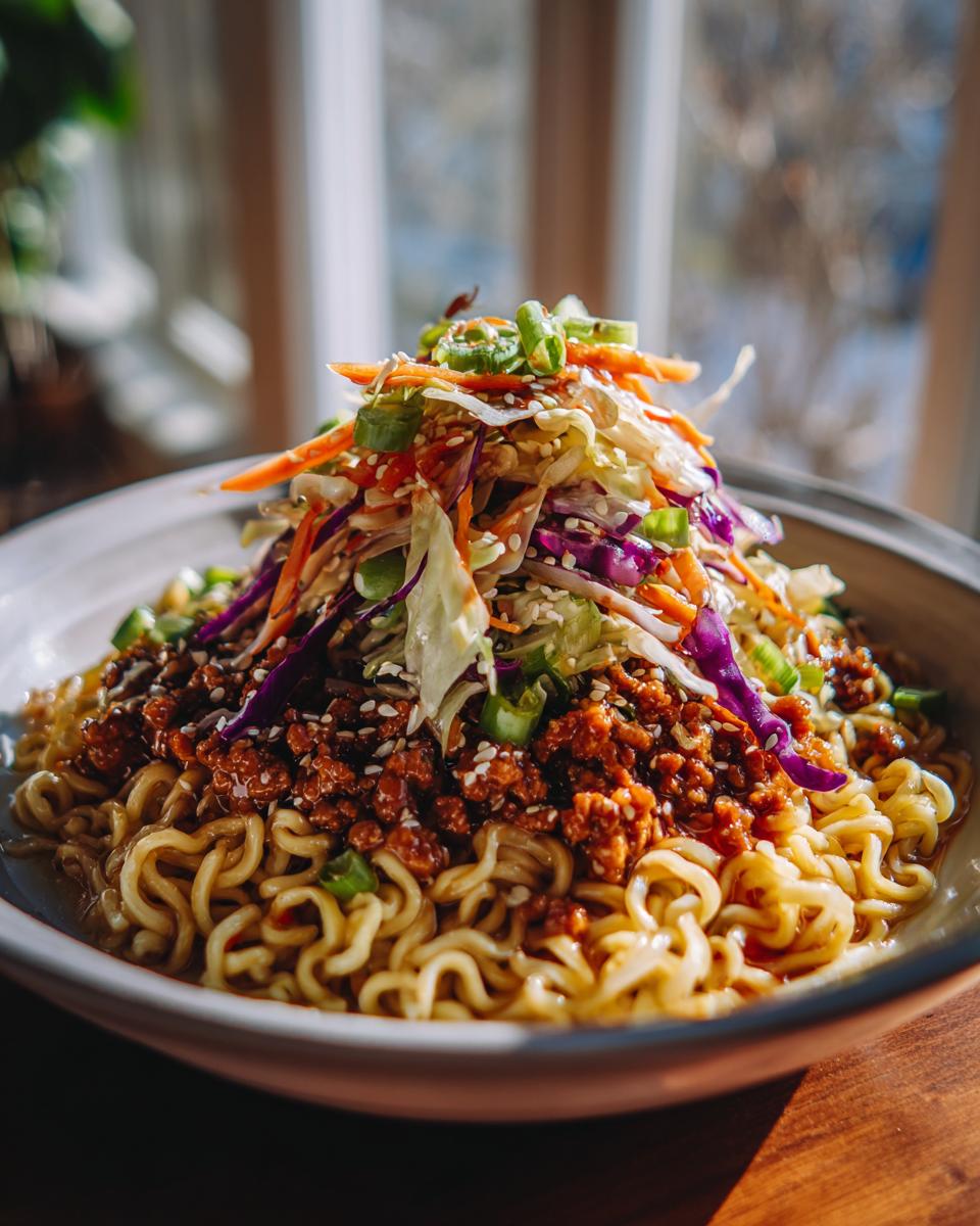 A vibrant Potsticker Noodle Bowl with pork, ramen noodles, and a colorful cabbage slaw topping.
