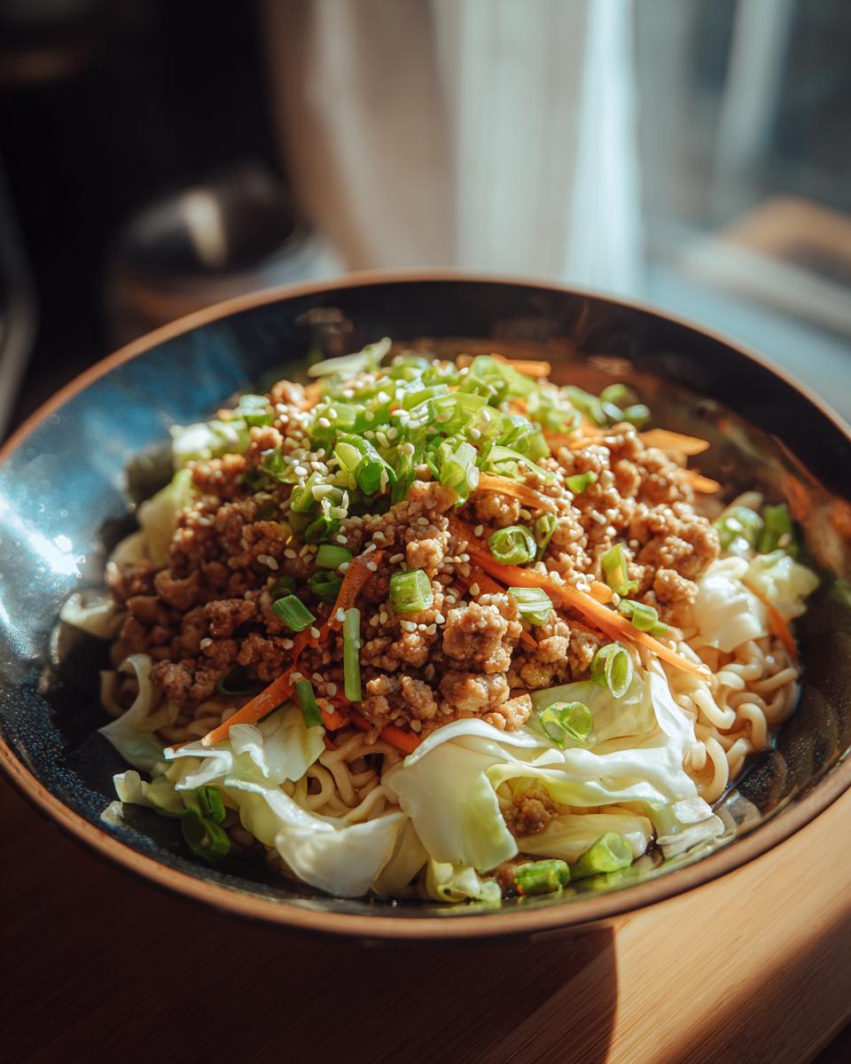 A close-up of a Potsticker Noodle Bowl with pork, cabbage slaw, noodles, and green onions.
