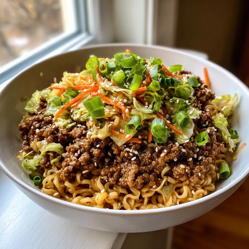 A close-up of a Potsticker Noodle Bowl with savory ground pork, shredded cabbage, carrots, and green onions, topped with sesame seeds.