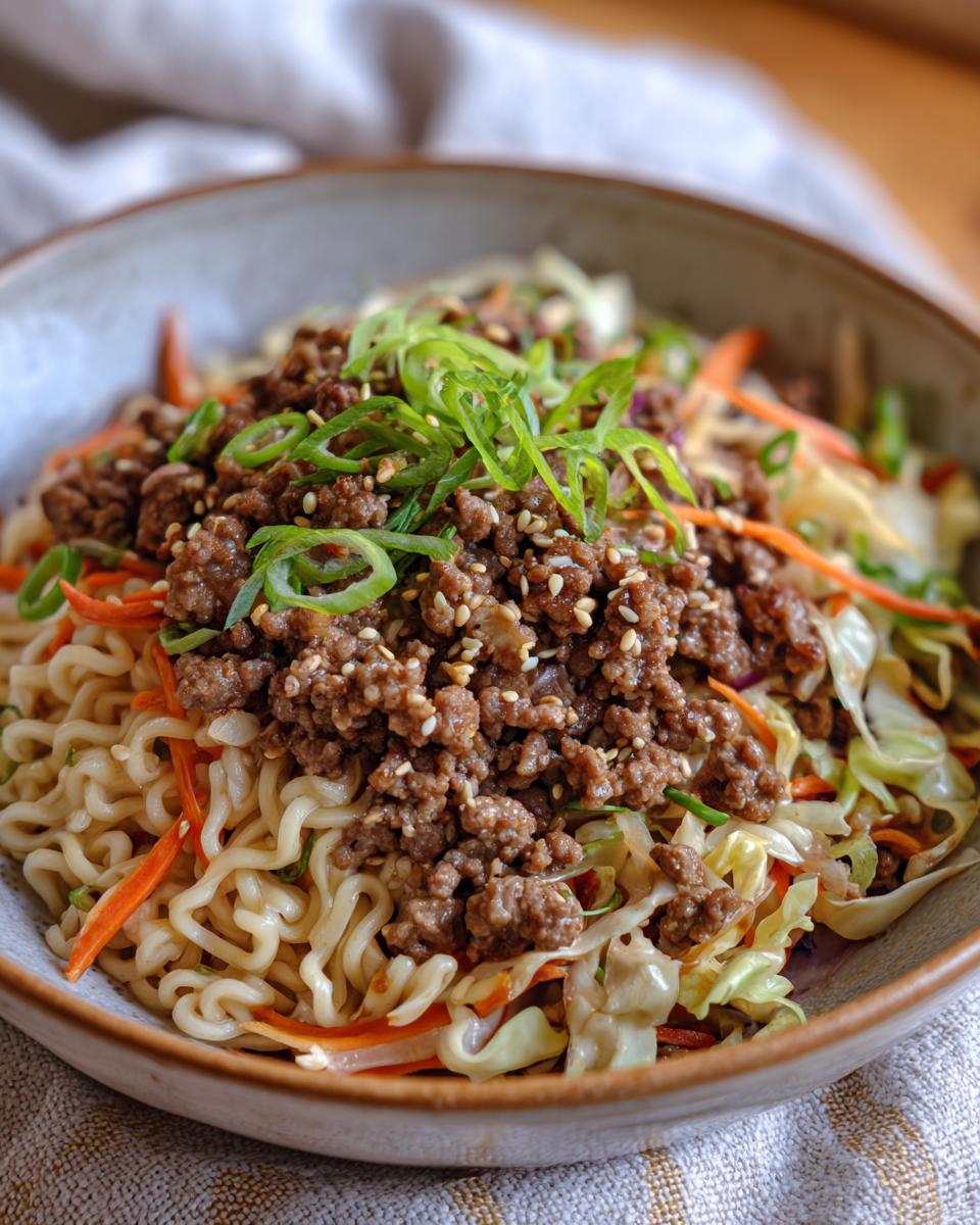 A close-up of a Potsticker Noodle Bowl with seasoned ground pork, ramen noodles, and a fresh cabbage slaw, topped with green onions and sesame seeds.