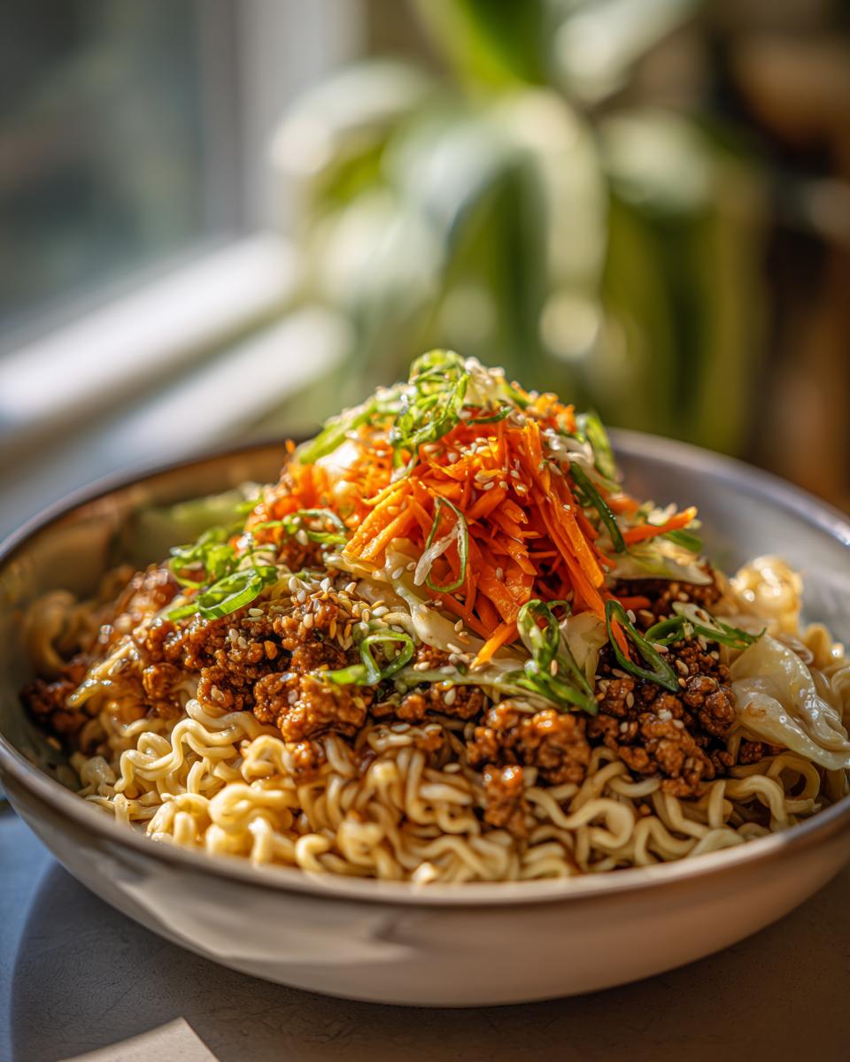 A close-up of a Potsticker Noodle Bowl with pork, noodles, and a vibrant cabbage slaw topping.