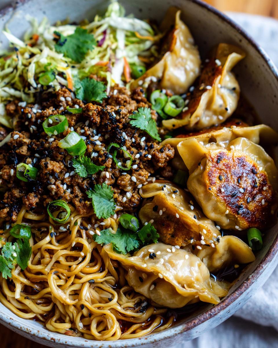 A close-up of a Potsticker Noodle Bowl with pork, cabbage slaw, noodles, and garnished with sesame seeds and green onions.