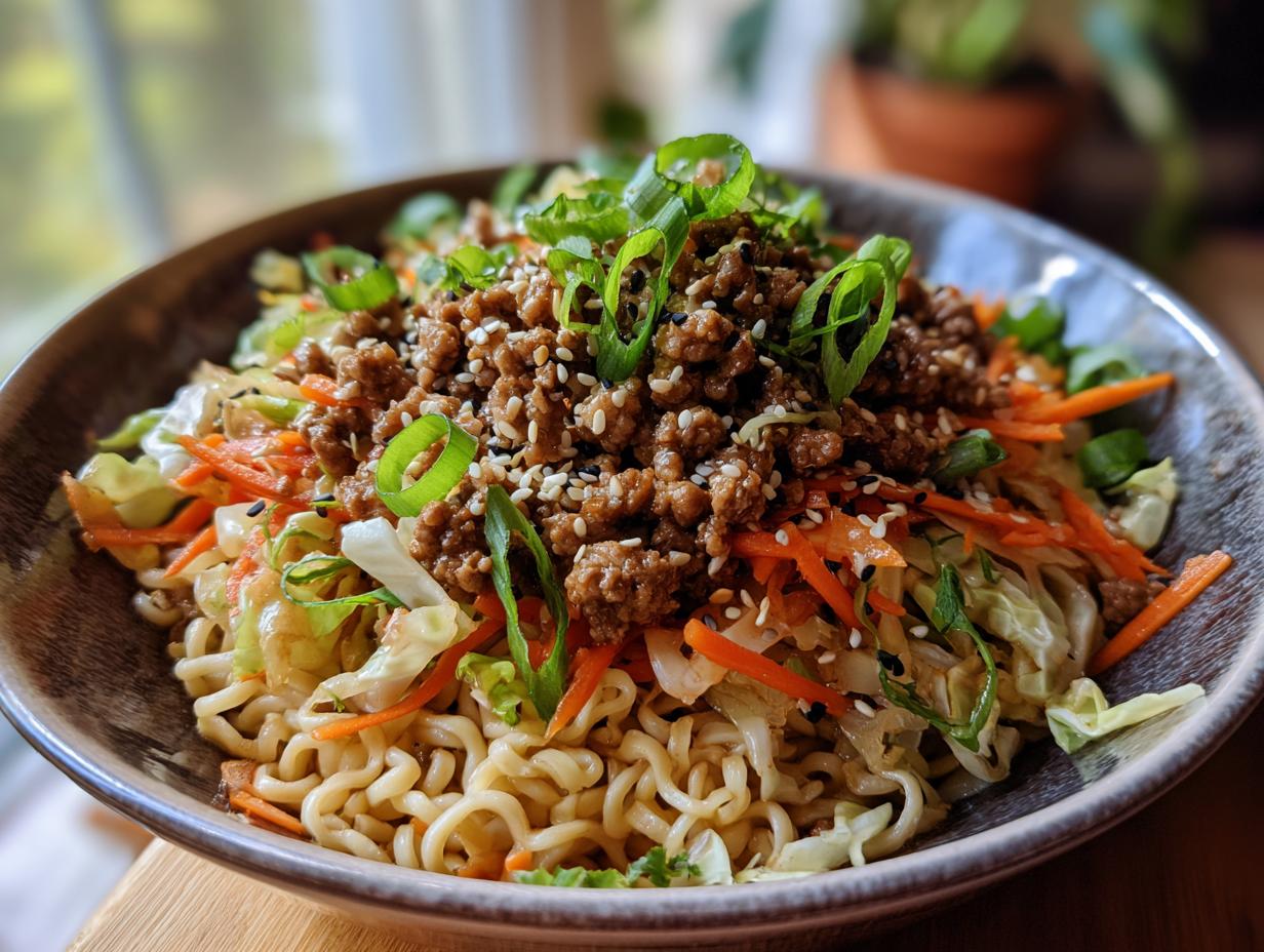 A close-up of a Potsticker Noodle Bowl with savory ground pork, shredded cabbage, carrots, and green onions, topped with sesame seeds.