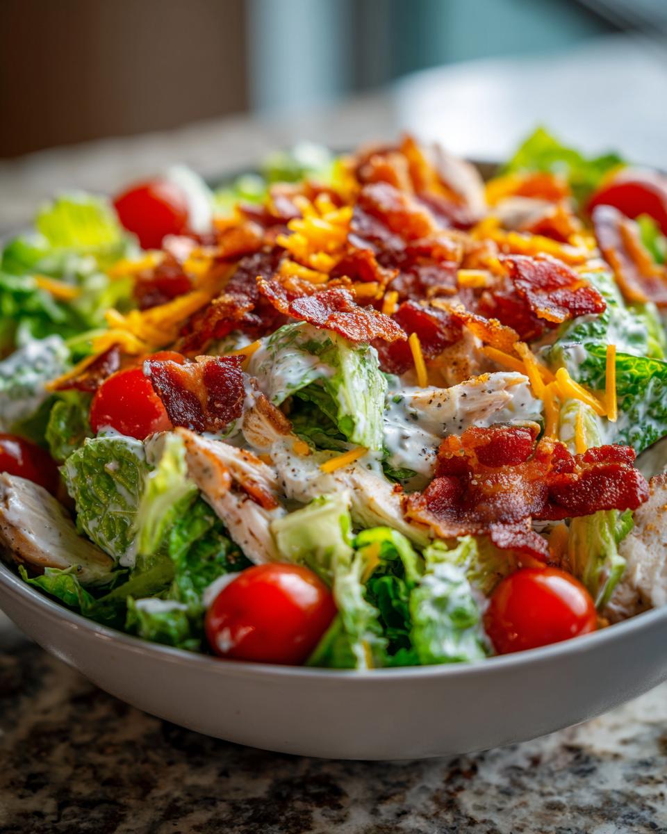 A close-up of a delicious Ranch BLT Salad with grilled chicken, crispy bacon, cherry tomatoes, and shredded cheese.