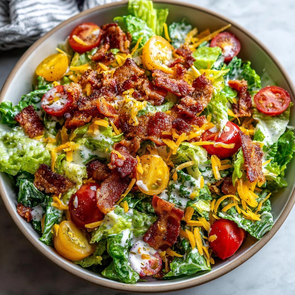 A close-up of a fresh Ranch BLT Salad, featuring crisp lettuce, cherry tomatoes, crumbled bacon, and shredded cheese.