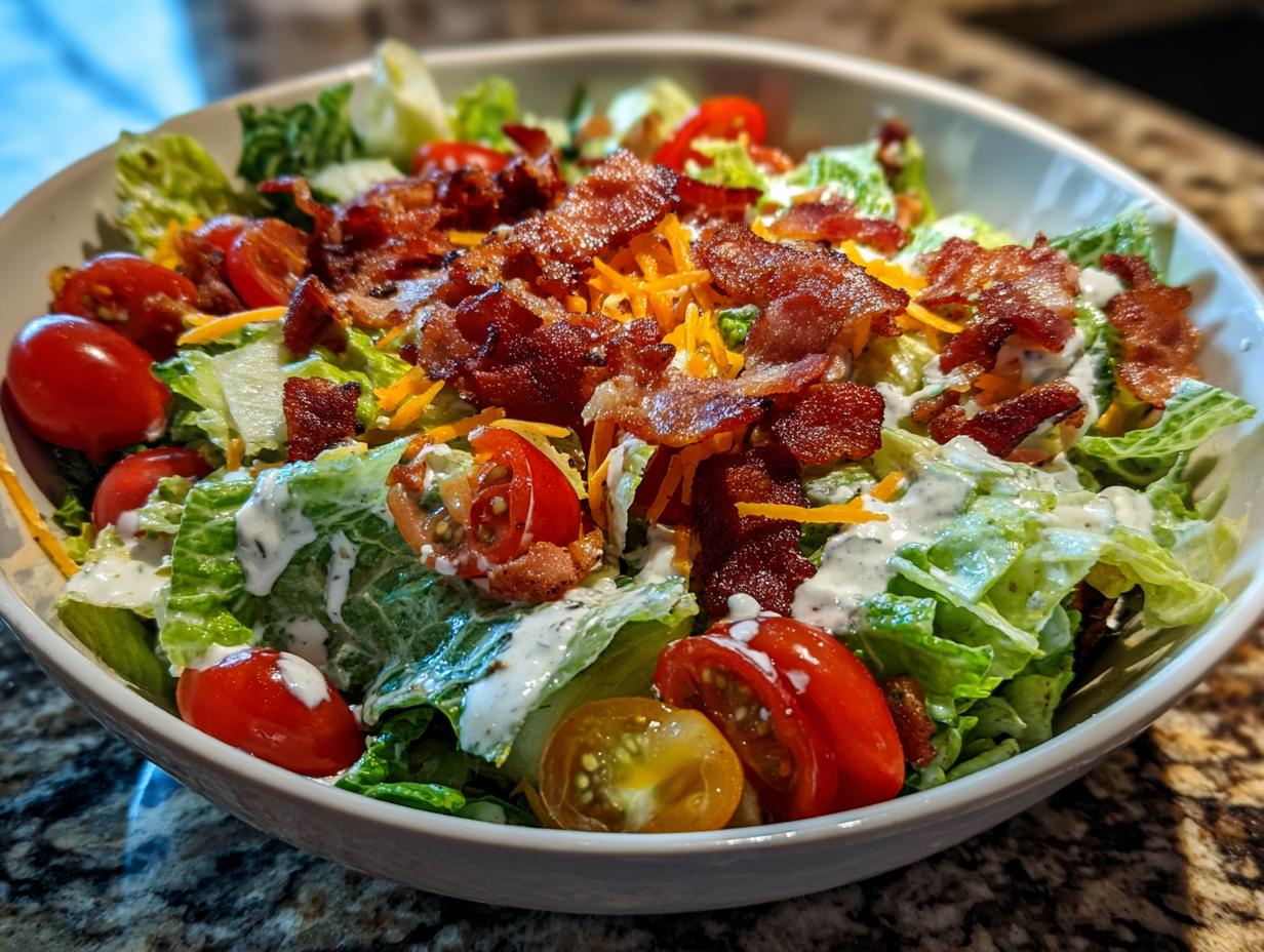 A close-up of a crisp Ranch BLT Salad, featuring fresh lettuce, cherry tomatoes, crumbled bacon, and shredded cheese, drizzled with ranch dressing.