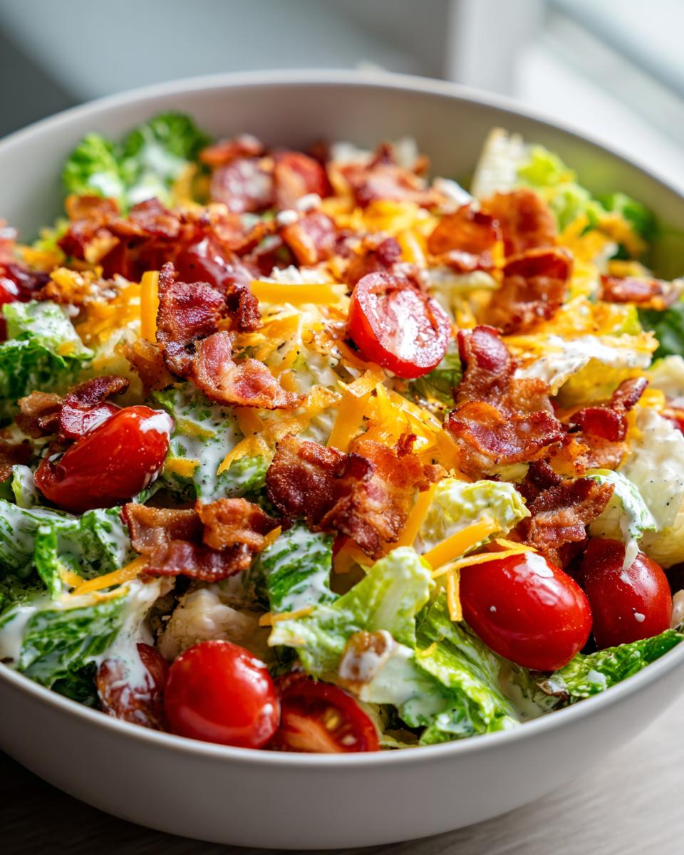 Close-up of a bowl of Ranch BLT Salad, featuring crisp lettuce, cherry tomatoes, crumbled bacon, and shredded cheese.