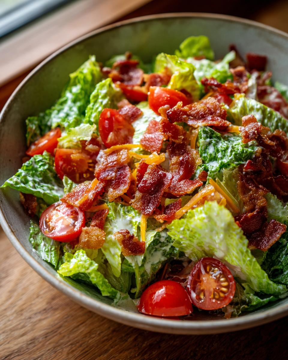 A refreshing bowl of Ranch BLT Salad with crisp lettuce, cherry tomatoes, bacon, and creamy ranch dressing.