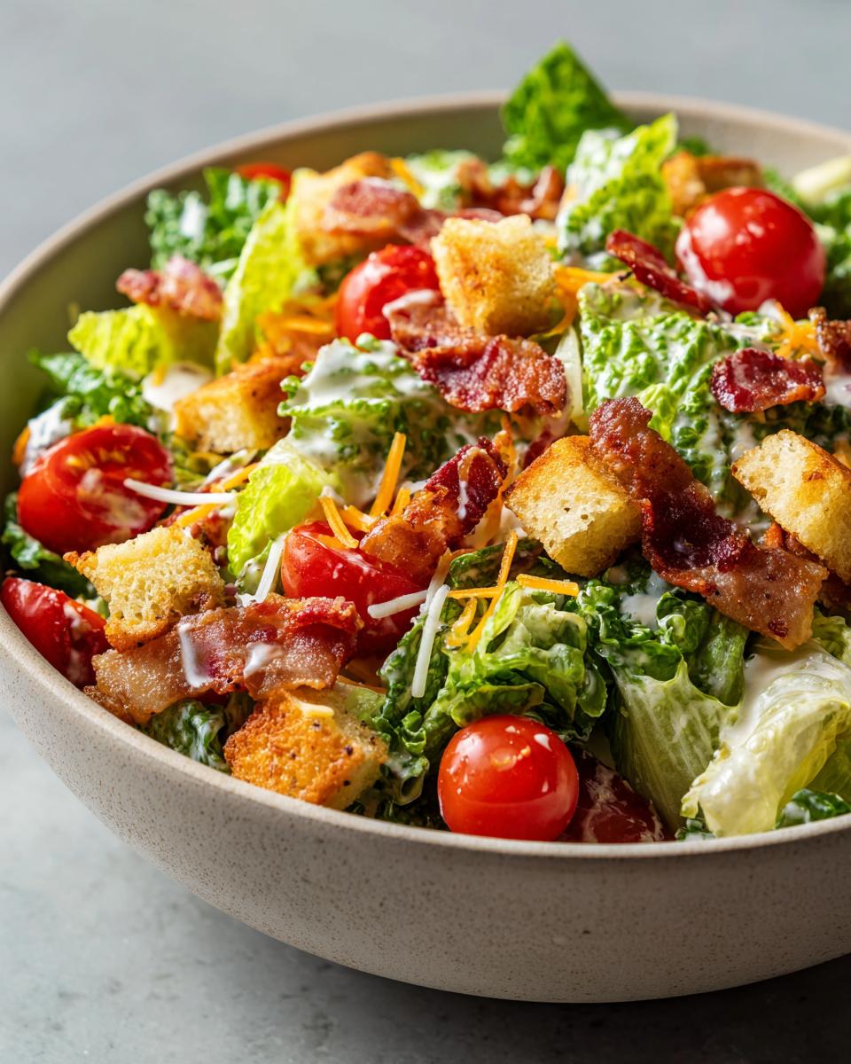 A close-up of a delicious Ranch BLT Salad, featuring crisp lettuce, bacon, croutons, tomatoes, and creamy dressing.