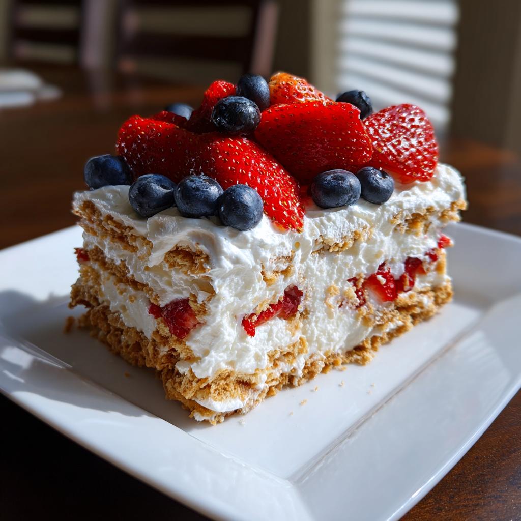 A slice of red white and blue icebox cake topped with strawberries and blueberries.