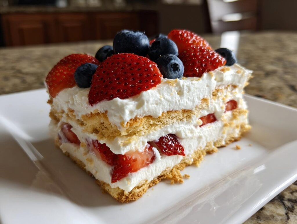 A slice of Red White Blue Icebox Cake for Fourth of July, layered with whipped cream, strawberries, and blueberries.