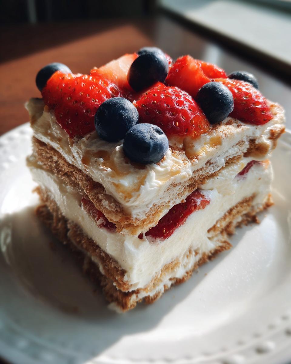 A slice of Red White Blue Icebox Cake topped with fresh strawberries and blueberries.