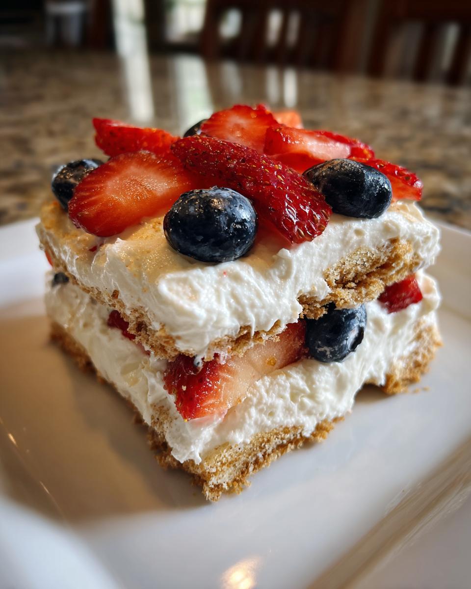 A slice of Red White Blue Icebox Cake with layers of cream, graham crackers, strawberries, and blueberries.