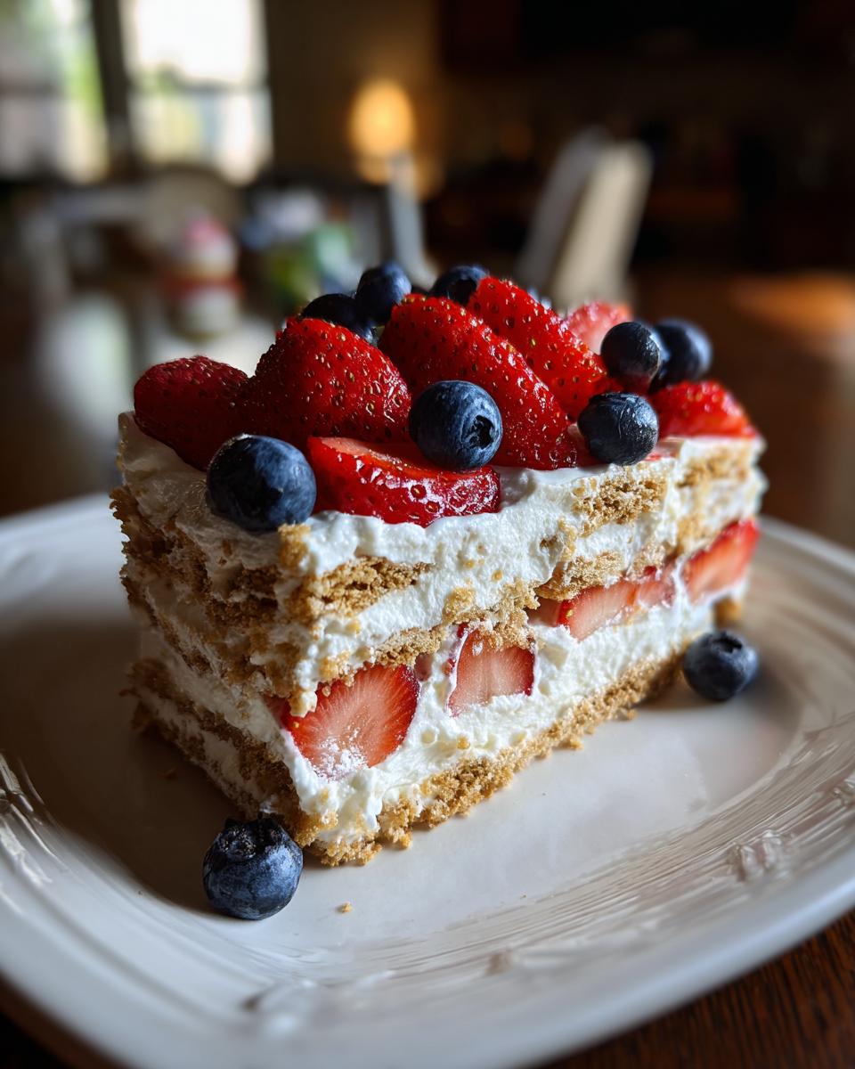 A slice of red white and blue icebox cake with strawberries and blueberries on a white plate, perfect for Fourth of July desserts.