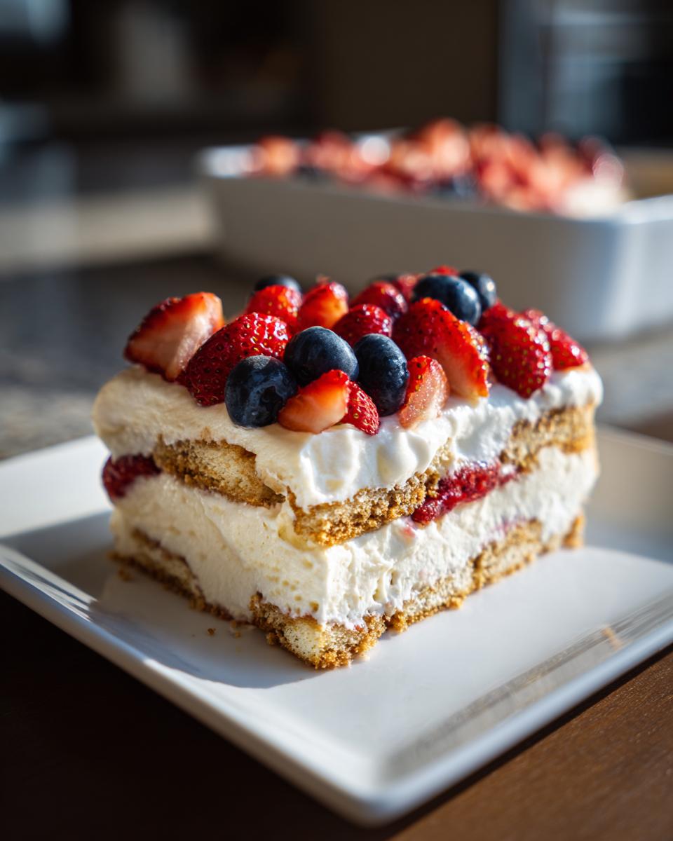 A slice of red white and blue icebox cake topped with strawberries and blueberries, perfect for Fourth of July desserts.