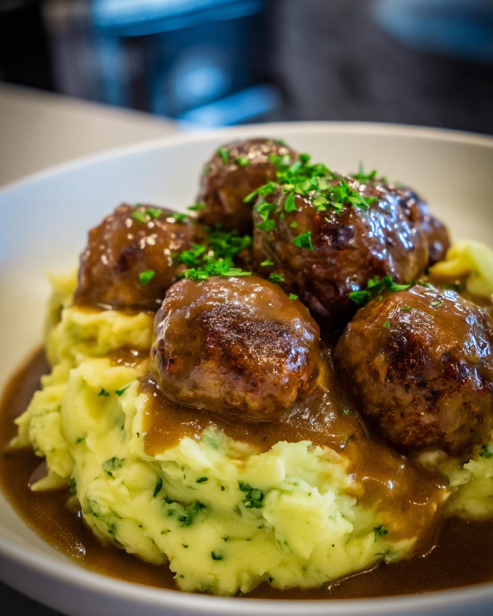 Close-up of Salisbury Steak Meatballs smothered in gravy, served over fluffy Garlic Herb Mashed Potatoes.