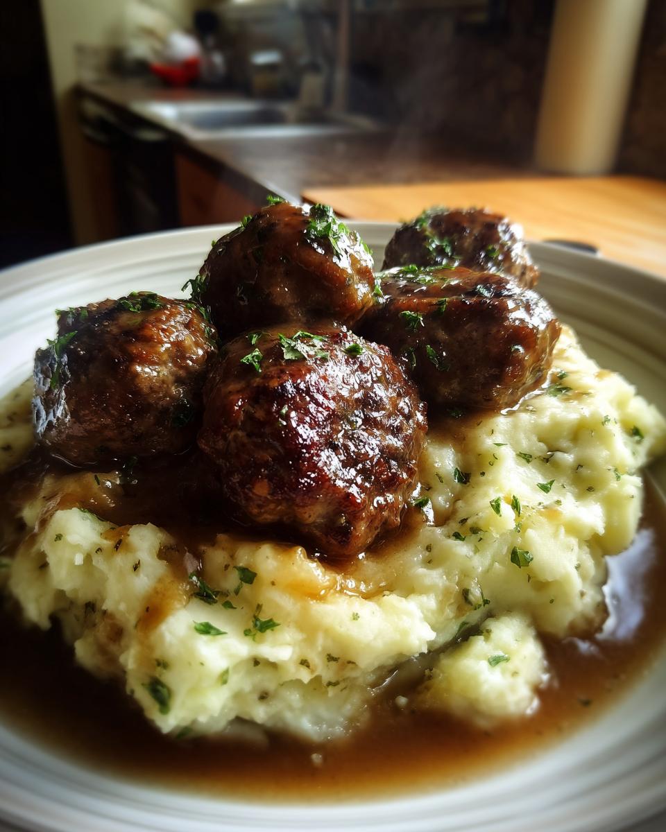 A close-up of Salisbury steak meatballs served over garlic herb mashed potatoes, drizzled with gravy and garnished with parsley.