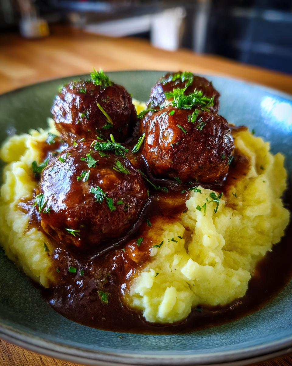 Close-up of Salisbury steak meatballs smothered in gravy, served over fluffy garlic herb mashed potatoes, garnished with parsley.